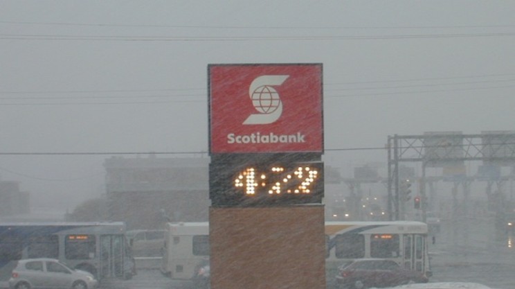 Scotiabank's Wyse Road branch's electronic clock is still on standard time.