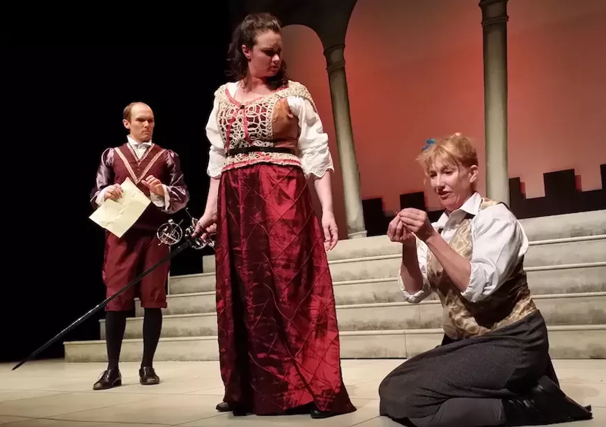 Iago (James MacLean) and Desdemona (Emma Slipp) wonder what Constance (Jackie Torrens) found in Valley Summer Theatre's Goodnight Desdemona (Good Morning Juliet).