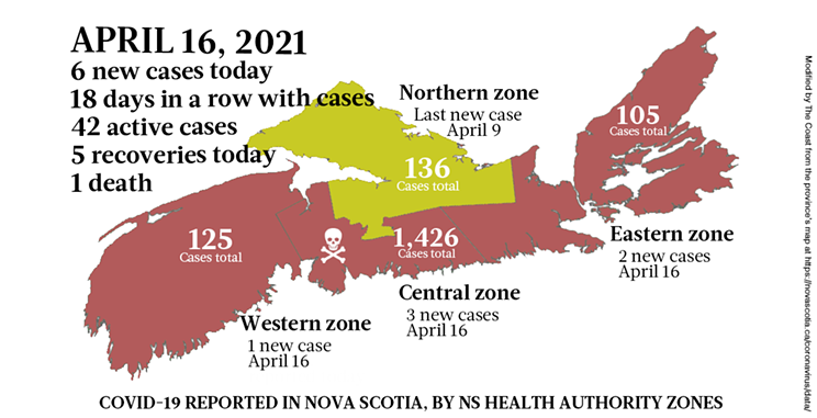 Map of COVID-19 cases reported in Nova Scotia as of April 17, 2021. Legend here. THE COAST