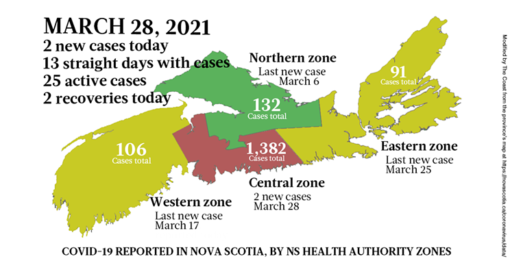 Map of COVID-19 cases reported in Nova Scotia as of March 28, 2021. Legend here. THE COAST