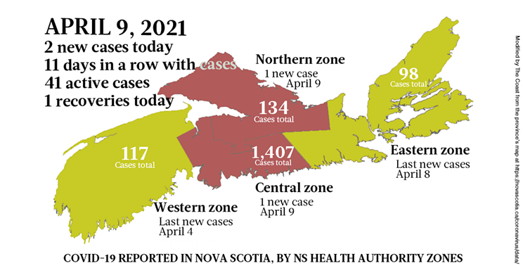 Map of COVID-19 cases reported in Nova Scotia as of April 9, 2021. Legend here. THE COAST