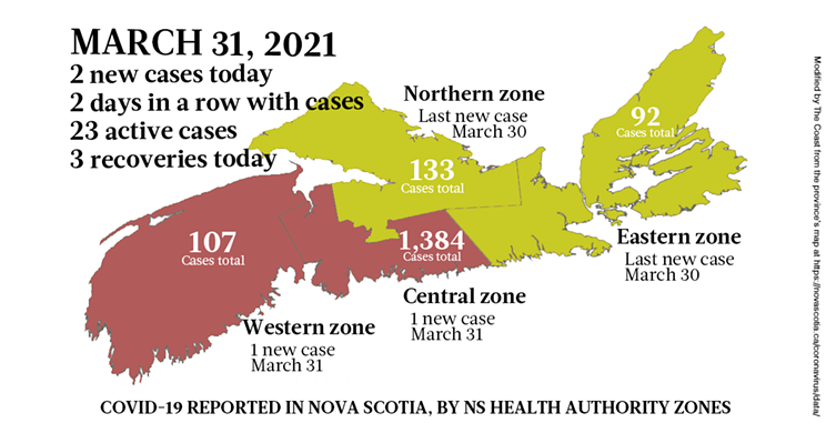 Map of COVID-19 cases reported in Nova Scotia as of March 31, 2021. Legend here. THE COAST