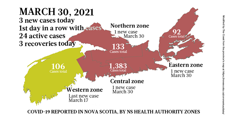 Map of COVID-19 cases reported in Nova Scotia as of March 30, 2021. Legend here. THE COAST