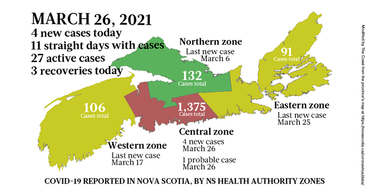 Map of COVID-19 cases reported in Nova Scotia as of March 26, 2021. Legend here. THE COAST