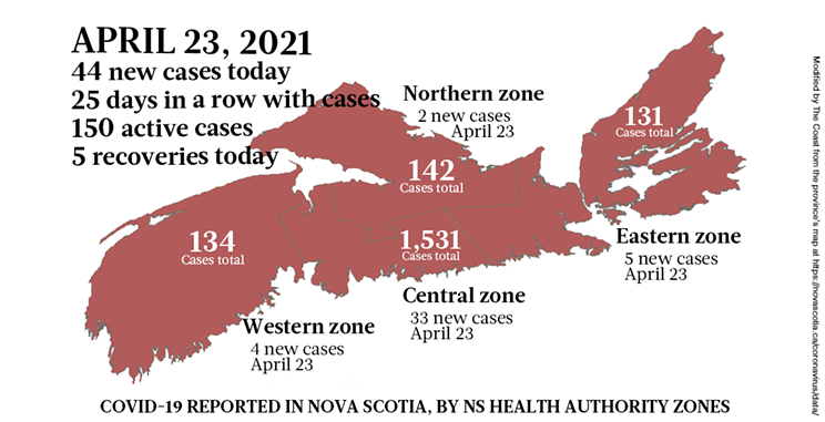 Map of COVID-19 cases reported in Nova Scotia as of April 23, 2021. Legend here. THE COAST