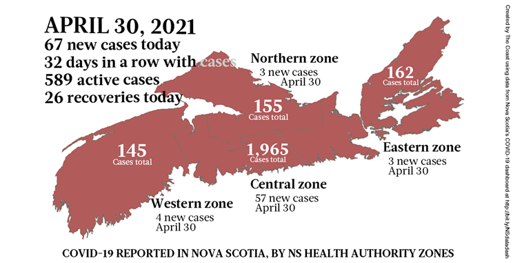 Map of COVID-19 cases reported in Nova Scotia as of April 30, 2021. Legend here. THE COAST
