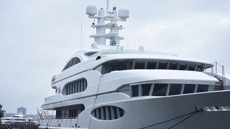 The $80-million Vive la Vie (foreground) and $7.9-million Homecoming (rearground) yachts, docked in Halifax Harbour on Monday, July 3, 2023.