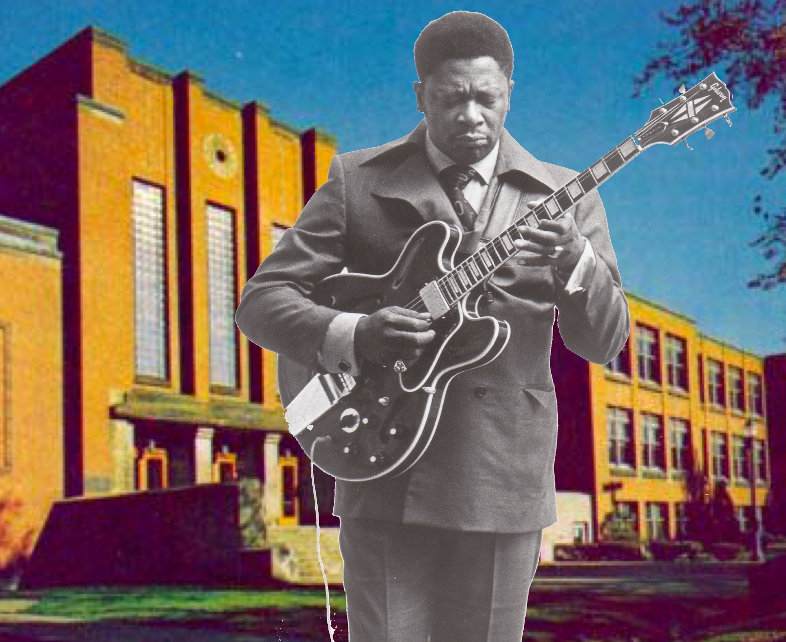 Black and white image of B.B. King playing guitar overlaid on a colour picture of QEH School