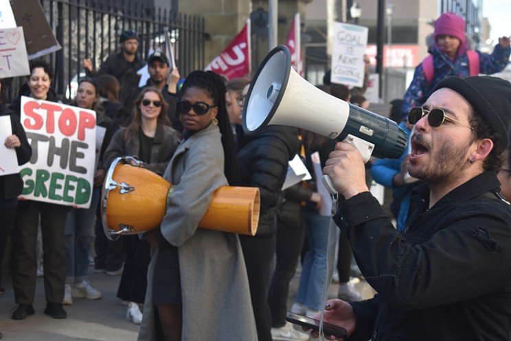 More than 40 students and housing advocates rallied outside of Province House on Tuesday, March 21, 2023. They're calling on premier Tim Houston's government to extend Nova Scotia's 2% rent cap past its Dec. 2023 expiry.