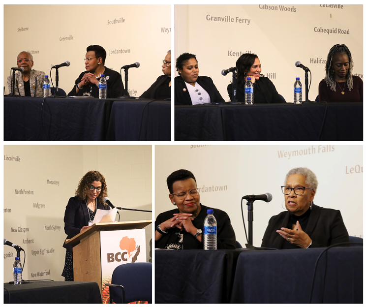 Six panelists at the Black Cultural Centre for the International Women's Day event, "Black Women in Electoral Politcs," held on Mar. 13. Top row left to right: senator Wanda Thomas Bernard, Nova Scotia minister of African Nova Scotia Affairs Twila Grosse, former MLA for Preston Yvonne Atwell, MLA for Halifax-Needham Suzy Hansen, former MLA  for Preston Angela Simmonds and Halifax councillor for district 12 Iona Stoddard. Bottom left: Maki Motapanyane, event co-host and chair of the Women’s Studies Department at Mount Saint Vincent University.