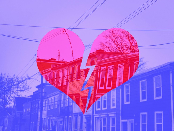 A broken heart superimposed over a Halifax skyline.