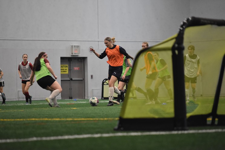 Aspiring pro soccer players take part in the Halifax Wanderers' women's development camp on Dec. 4, 2023.