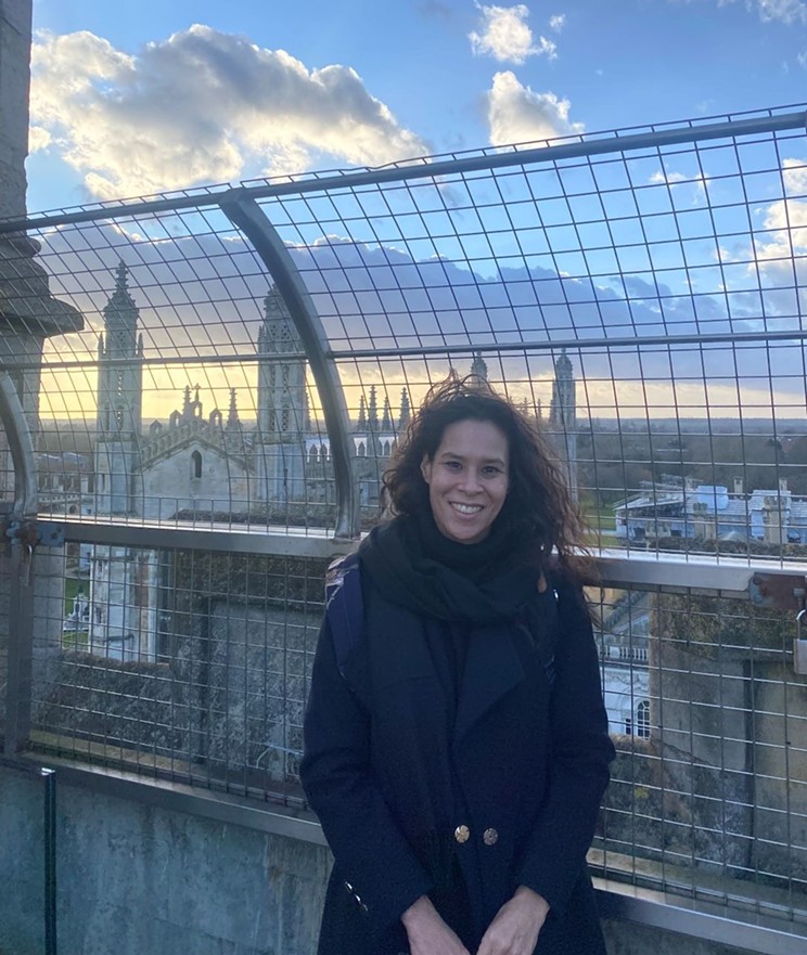 MSVU prof El Jones is on the Great St. Mary's Church Tower overlooking Trinity College in Cambridge. Jones is a visiting research fellow at Cambridge with the Brooks Institute and the Cambridge Centre for Animal Rights Law.