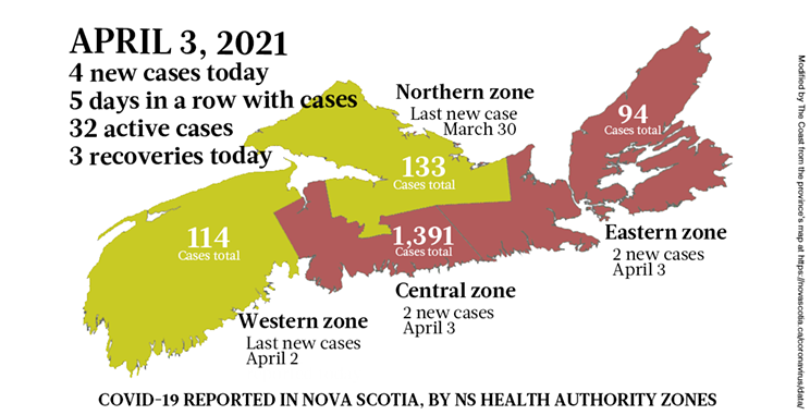 Map of COVID-19 cases reported in Nova Scotia as of April 3, 2021. Legend here. THE COAST