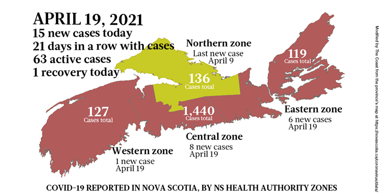 Map of COVID-19 cases reported in Nova Scotia as of April 19, 2021. Legend here. THE COAST