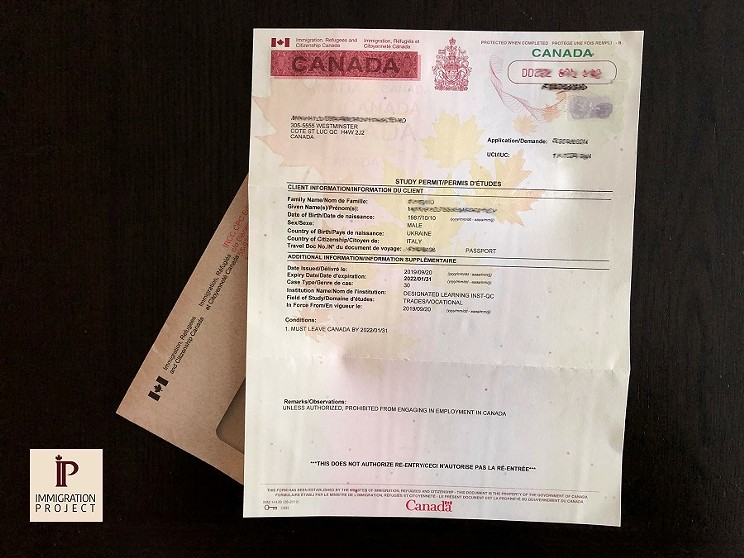 An example of a study permit for International students coming to Canada.