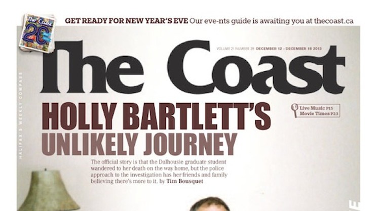 Cover of The Coast newspaper featuring a photo of Holly Bartlett and her father to accompany the feature story "Holly Bartlett's unlikely journey."