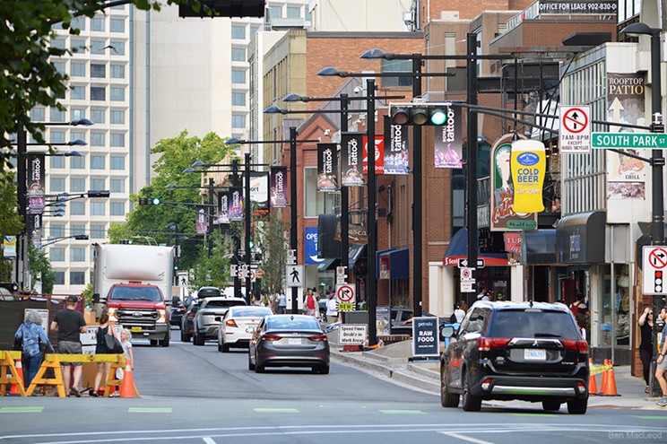 Cars clutter the street on day two of the failed Spring Garden Road pedestrian- and transit-only pilot project