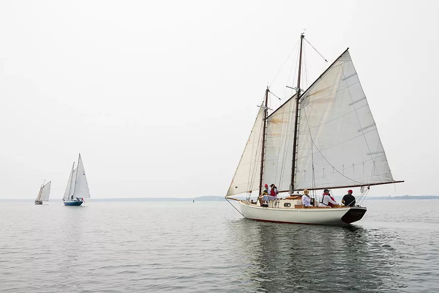 Rencontre schooner out of Deep Cove trails other faster vessels Know Knot and Comet II on a slow wind day.