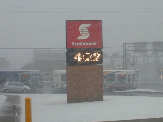 Scotiabank's Wyse Road branch's electronic clock is still on standard time.