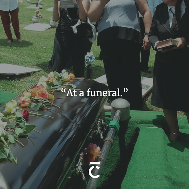 "At a funeral." Mourners gather around a casket at a cemetery. The Coast's 2023 Sex + Dating Survey.