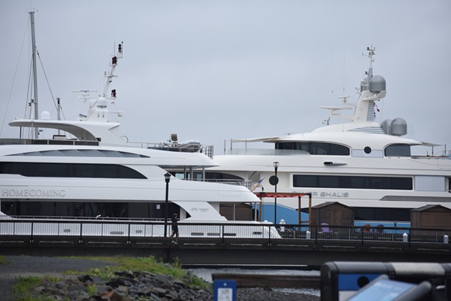 The Homecoming (foreground) and Silver Shalis (background) yachts, docked in Halifax Harbour on July 3, 2023.