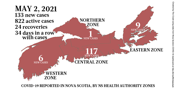 Map of COVID-19 cases reported in Nova Scotia as of May 2, 2021. Legend here. THE COAST